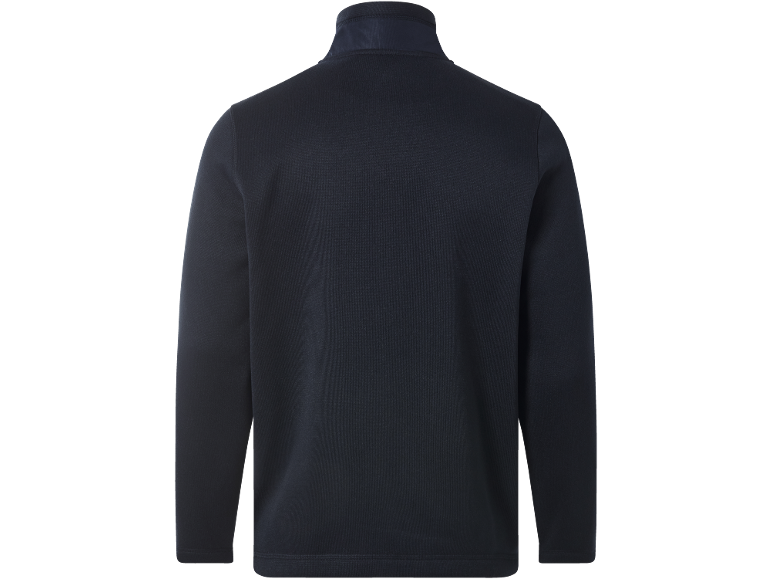 Donkerblauwe herentrui met lange mouwen en hoge kraag, achteraanzicht.