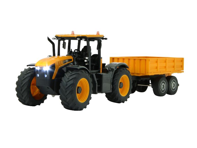 Afstandsbestuurd speelgoedtractor met aanhanger, realistische stijl.