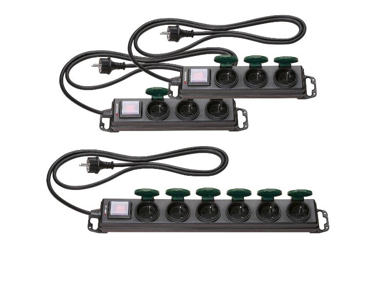 Drie Parkside stekkerdozen met schakelaar en kinderveiligheid.