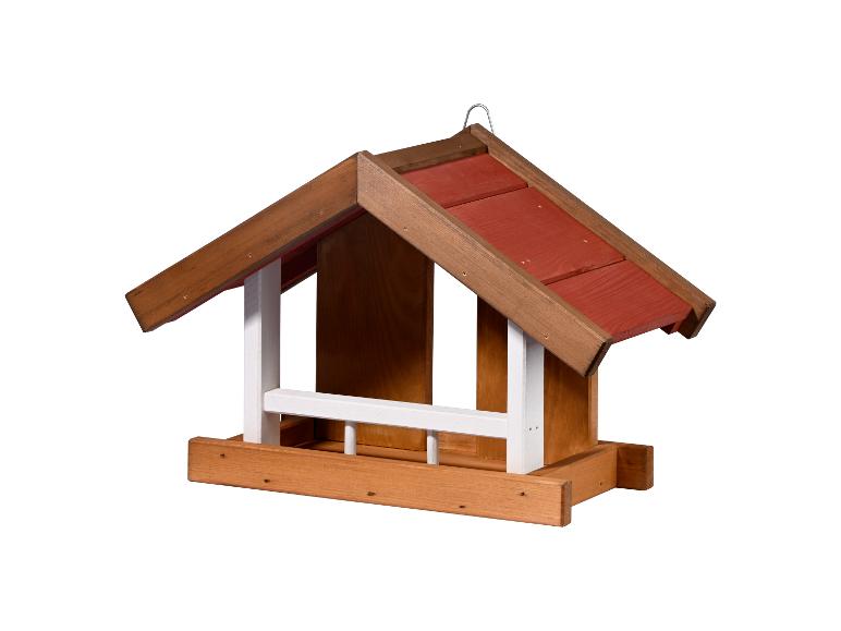 Houten vogelvoederhuisje met rood dak en witte balustrades