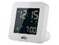 Witte digitale wekker met een LCD-scherm dat 12:15 AM en 7:00 AM alarm toont.