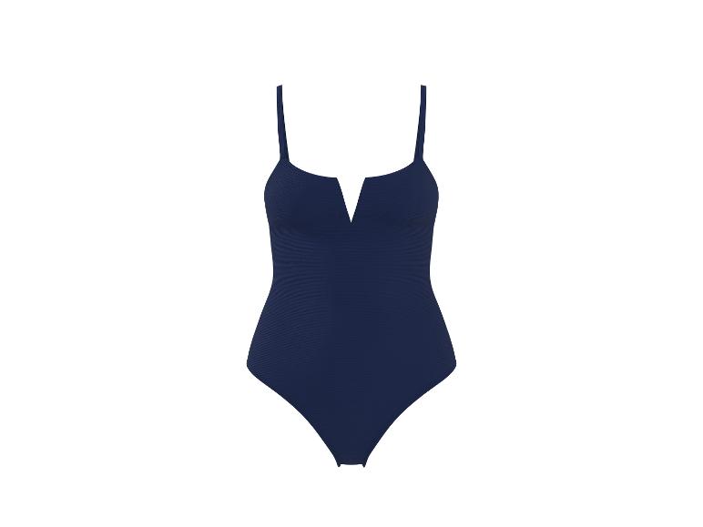 Donkerblauw badpak uit één stuk met V-hals.