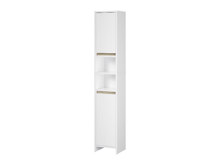 Hoge, smalle witte opbergkast met deuren en open planken.