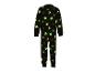 Zwarte Halloween-onesie met glow-in-the-dark dinoschedels, pompoenen, spinnen en spinnenwebben.