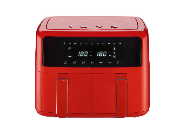 Rode heteluchtfriteuse met dubbele mand en digitaal display dat 180 graden en diverse kookpictogrammen toont.