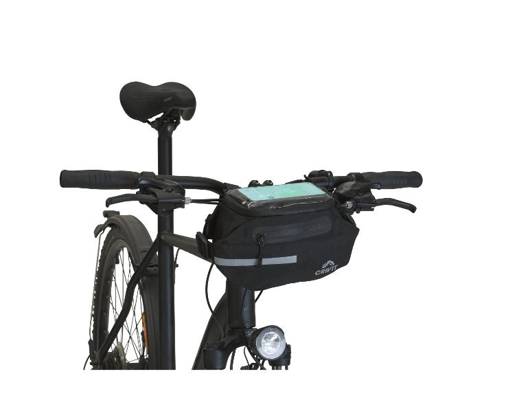 Crivit fietstas met smartphonehouder gemonteerd op een zwarte fiets.