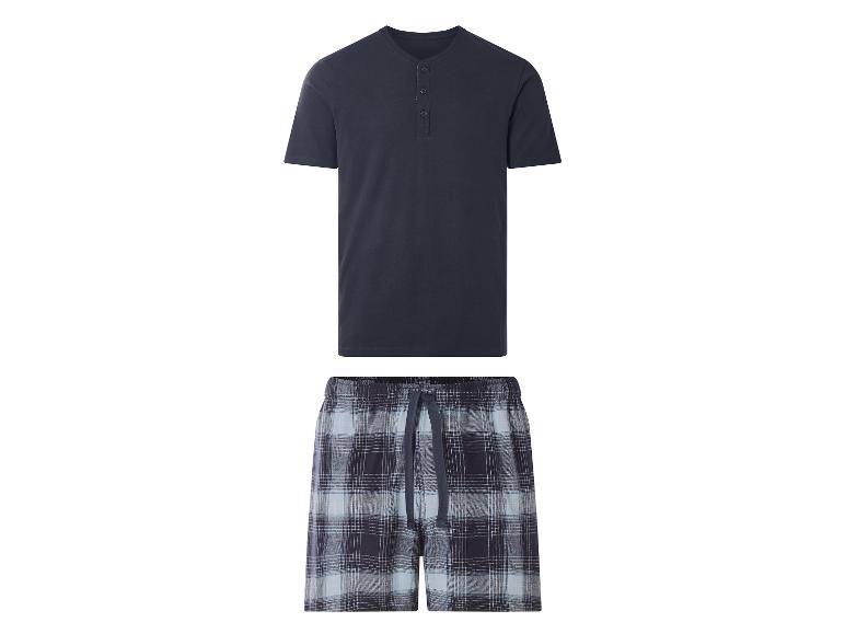 Donkerblauw Henley T-shirt en geruite shorts, pyjamaset.