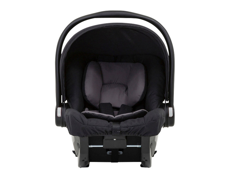 Een zwarte babyautostoel met een grijze voering.