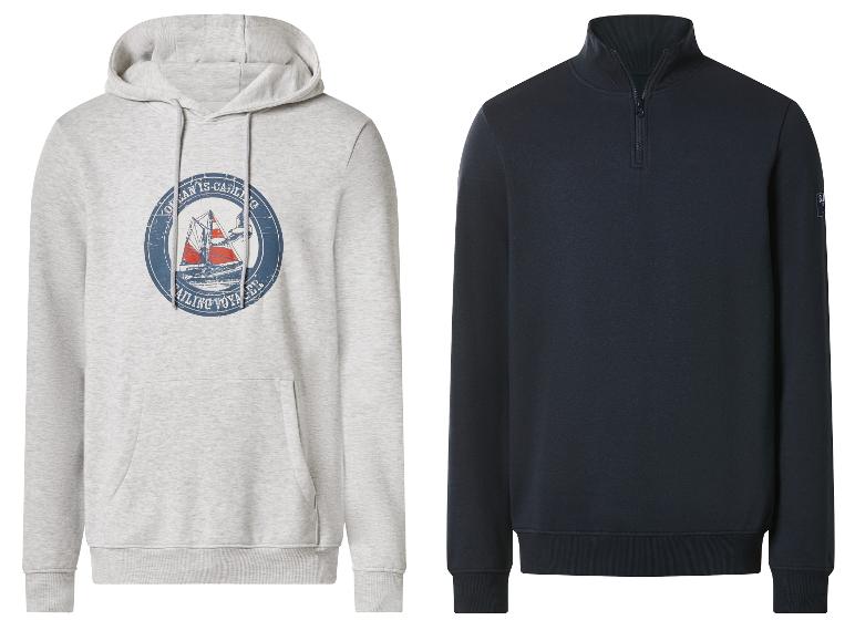Lichtgrijze hoodie met zeilbootprint en donkerblauwe sweater met rits.