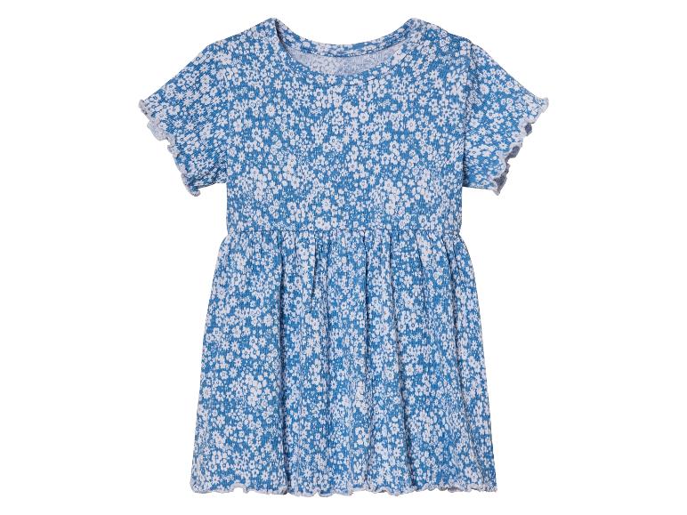 Een blauw jurkje met witte bloemenprint voor meisjes.