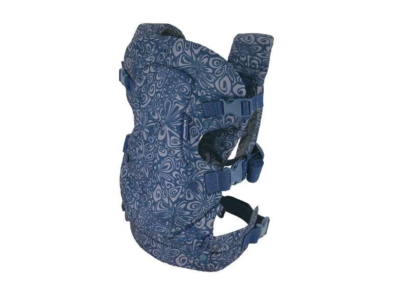 Infantino baby draagzak, donkerblauw met bloemenprint.