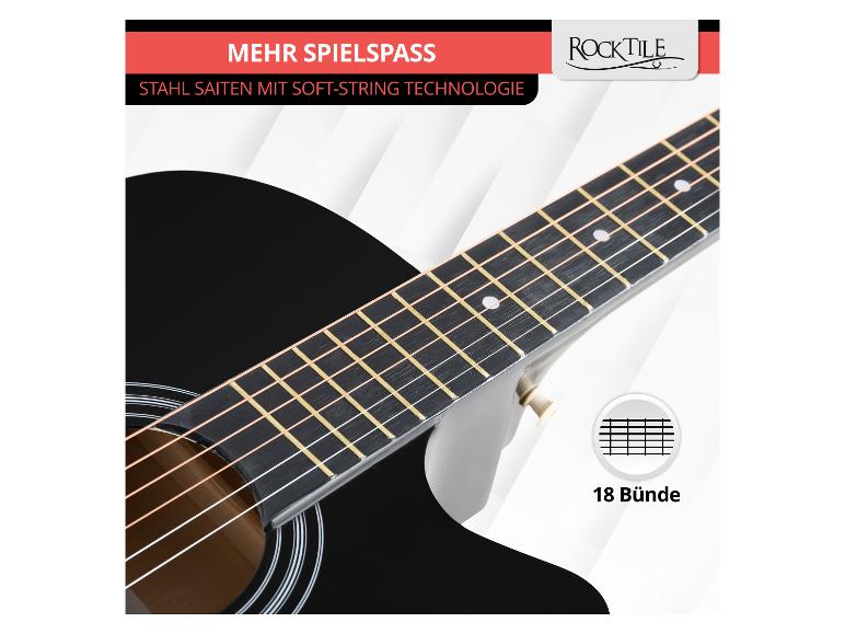 Zwarte Rocktile akoestische gitaar met 18 frets en stalen snaren.
