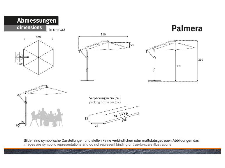 Palmera parasol afmetingen en verpakkingsdoos details, inclusief een 360° rotatiefunctie.