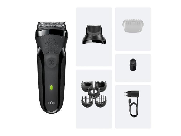 Braun scheerapparaat met meerdere opzetstukken en oplader.