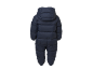 Donkerblauw gewatteerd baby sneeuwpak, achteraanzicht.