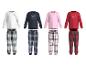 Vier sets kinderpyjama's met lange mouwen en geruite broeken, met ontbijtthema-prints.
