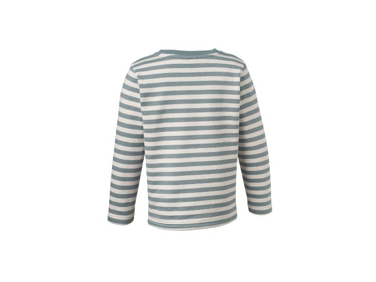 Kinder gestreept T-shirt met lange mouwen in blauwgroen en wit, achteraanzicht.