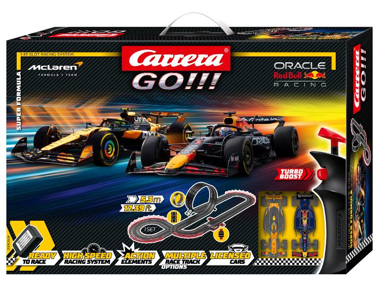 Carrera GO!!! Super Formula racebaan-set met McLaren en Red Bull auto's op de doos.