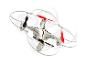 Witte drone met zwarte en rode propellers en beschermende frames.
