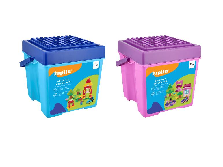 Twee Lupilu bouwstenen dozen, blauw en roze, voor kinderen vanaf 1½ jaar.