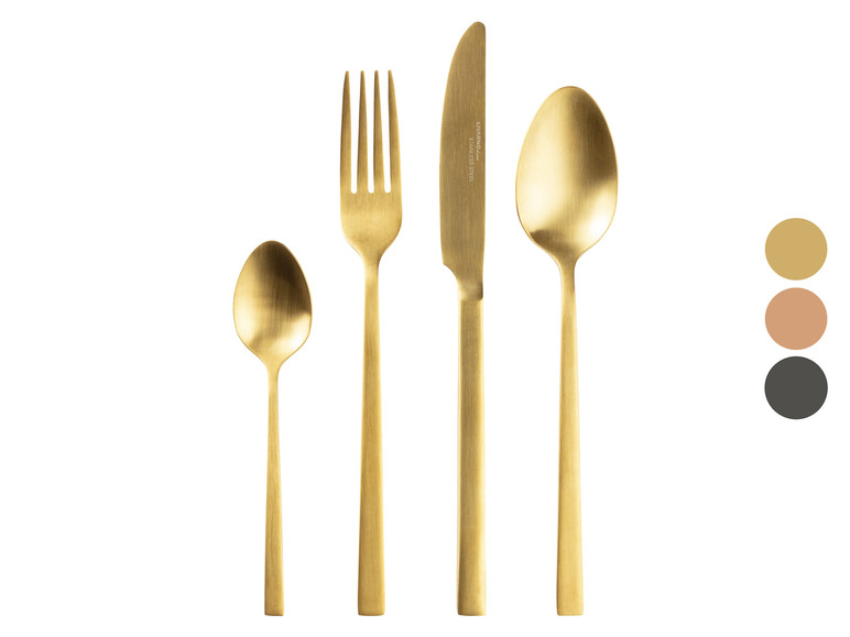 Een gouden mes, lepel en vork van Livarno Home.