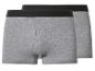 Twee grijze herenboxershorts met een zwarte tailleband.