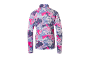 Dames shirt met lange mouwen met een abstract roze, paars en wit patroon.