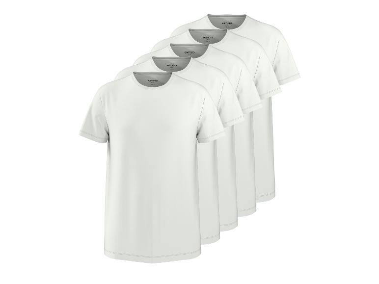 Verpakking van vijf witte heren T-shirts met korte mouwen, ronde hals en grijze stiksels.