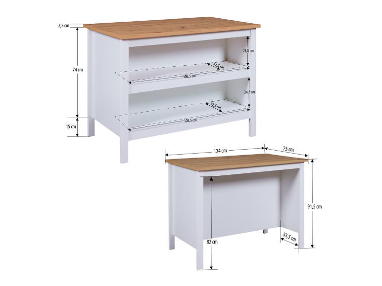 Witte ladekast met houten blad en open planken, met afmetingen.