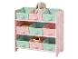 Roze kinderopbergmeubel met bloemenpatroon en pastelkleurige stoffen dozen.