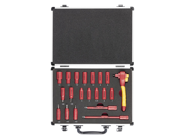 Een gereedschapskoffer met Parkside schroevendraaiers en dopjes.