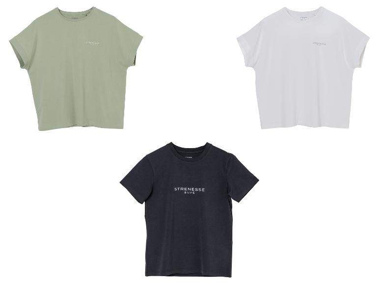 Drie T-shirts met korte mouwen: lichtgroen, wit en donkerblauw, met de tekst 'STRENESSE BLUE'.