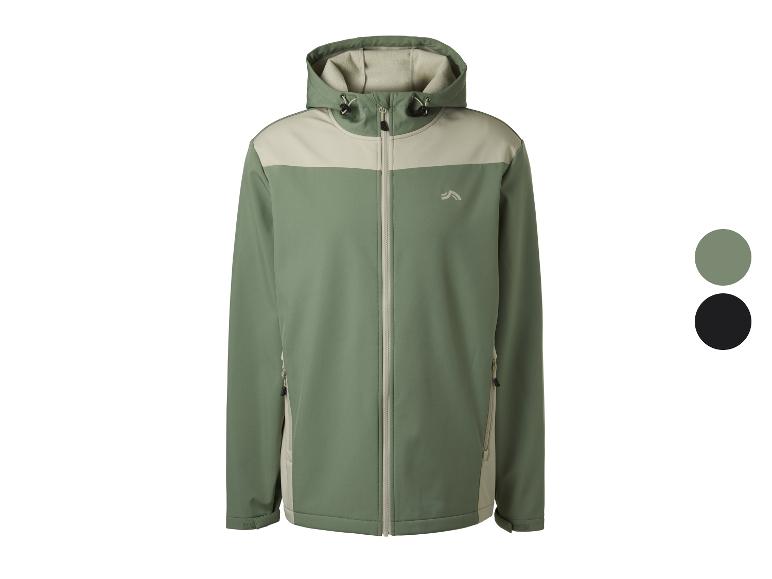 Groen en beige softshelljack voor heren met capuchon en rits.