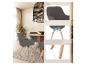 Grijze eetkamerstoelen met houten poten rond een ronde tafel, met productdetails.