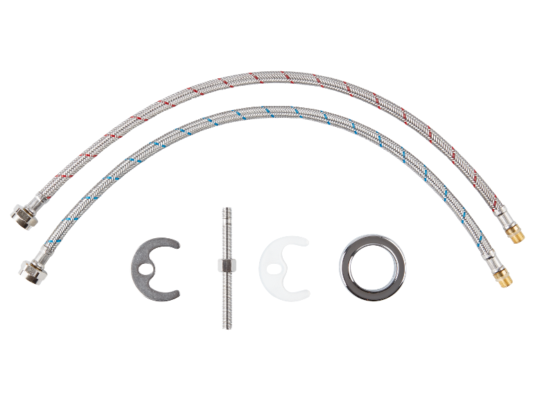 Twee flexibele kraanslangen met montage-accessoires.