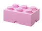 Een roze LEGO opbergdoos met zes noppen.