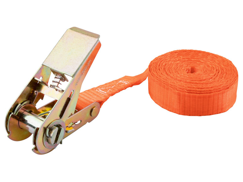 Een oranje ratelspanner met een metalen gesp.