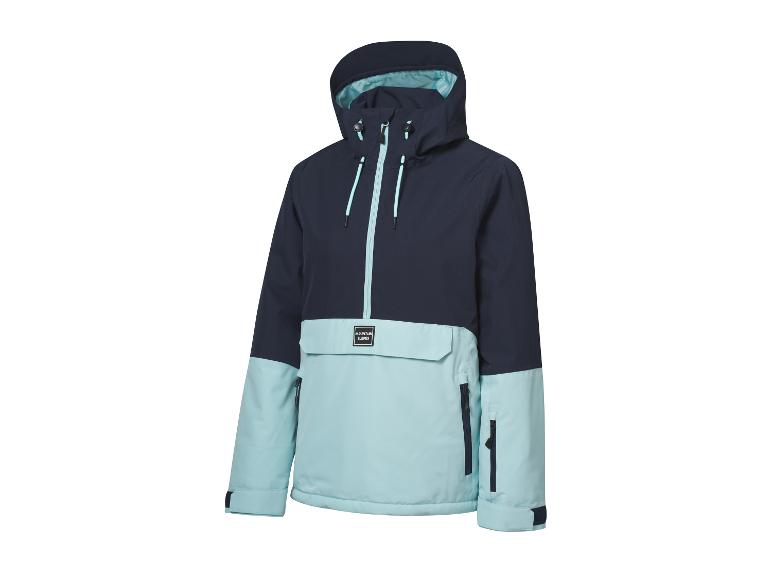 Donkerblauwe en lichtblauwe ski-jas met capuchon en rits.