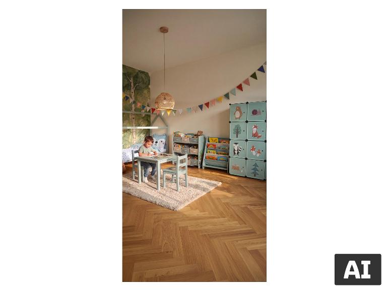 Kinderkamer met bed met LUPILU hoeslaken, tafel en opbergmeubels. [AI-gegenereerde afbeelding]