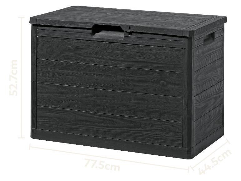 Donkergrijze buitenopbergbox met houteffect textuur, afmetingen 77.5x44.5x52.7cm.