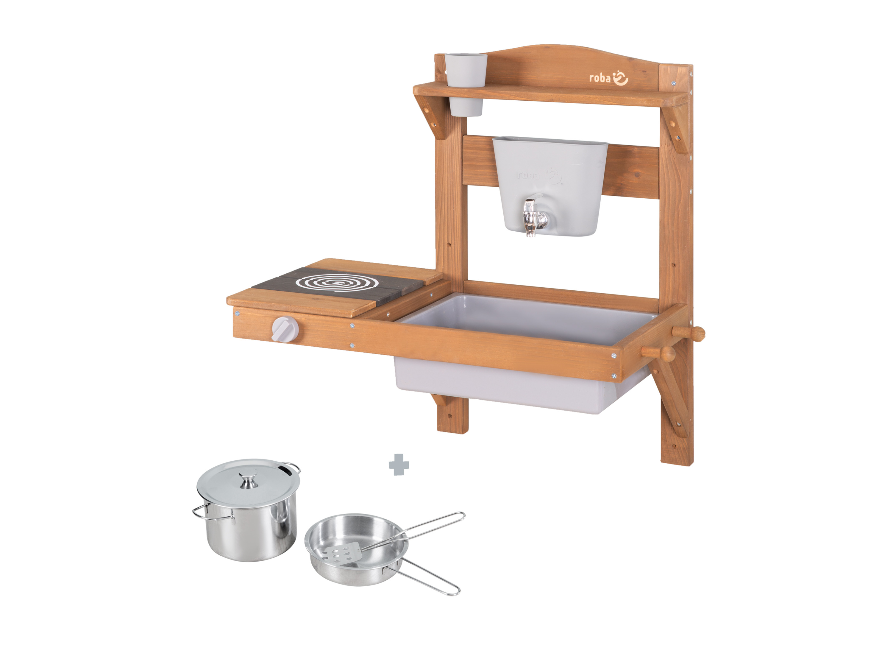 ROBA Speelgoed buitenkeuken om op te hangen - massief hout (met accessoires, Teak)
