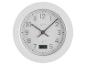 Witte ronde wandklok met analoge wijzers en digitale temperatuurweergave van 25°C