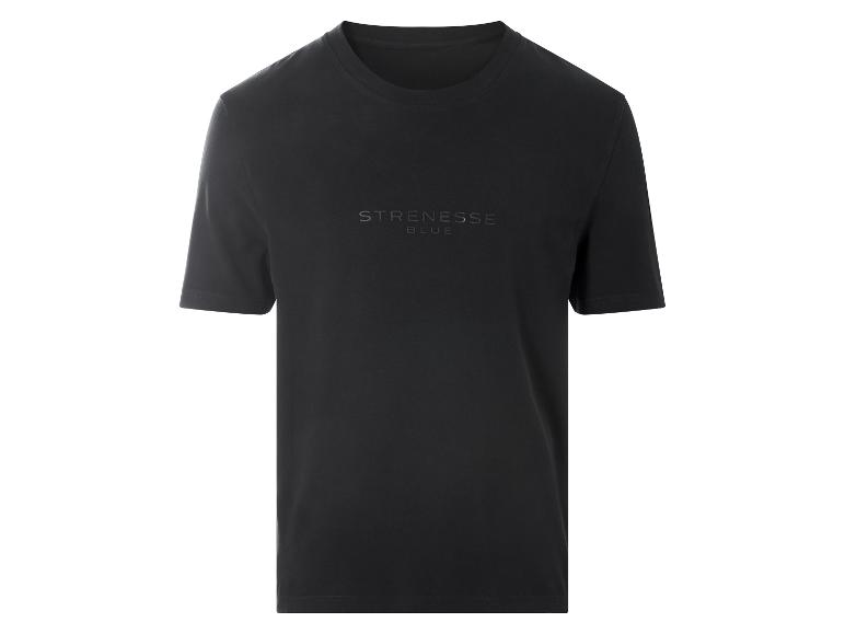 Zwart T-shirt met korte mouwen en de tekst 'STRENESSE BLUE' op de borst.