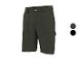 Donkergroene shorts met zakken en een knoop, met donkergroene en zwarte kleurstalen.