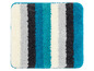 Badmat met blauwe, grijze en witte strepen.