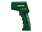 Groene infraroodthermometer met rode trekker en laserwaarschuwingslabels.