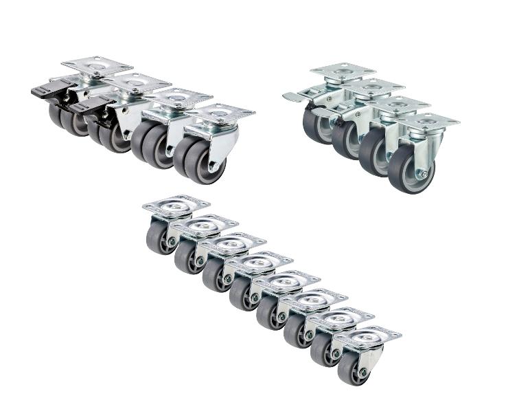 Set zwenkwielen met en zonder rem, met grijze wielen en metalen montageplaten.