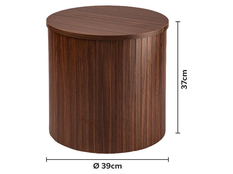 Cilindrische bijzettafel van donker hout met afmetingen van 37 cm hoogte en 39 cm diameter.