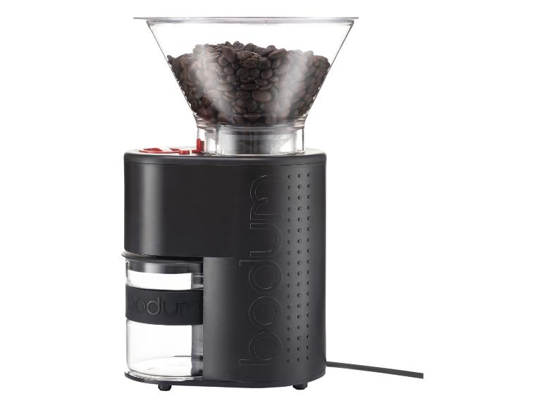 Zwarte koffiemolen met transparante containers voor bonen en gemalen koffie.