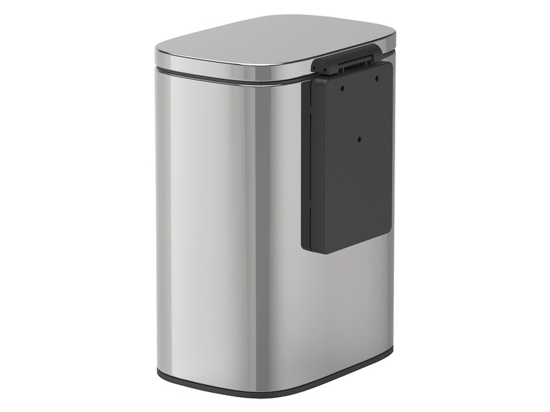 Een zilveren afvalemmer met een deksel.